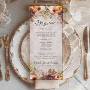 Orange Burgundy Floral Fall Autumn Wedding  Menu