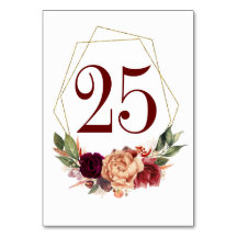 Orange Burgundy Floral Fall Wedding Table Number