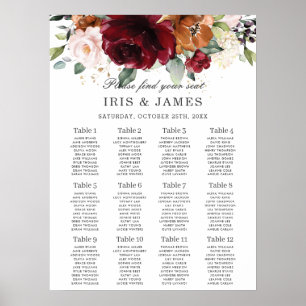 Orange Burgundy Ivory Floral Wedding Seating Chart