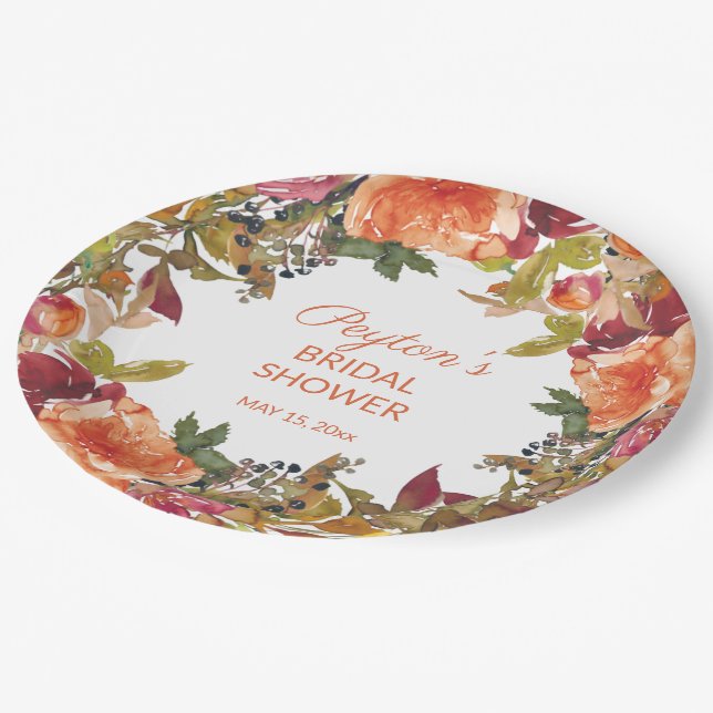 Orange Burgundy Rust Floral Bridal Shower Paper Plate (Angled)