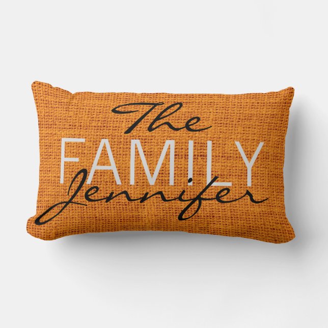 Orange Burlap Rustic Linen Monogram Lumbar Pillow (Front)