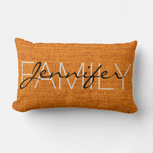 Orange Burlap Rustic Monogram Lumbar Pillow