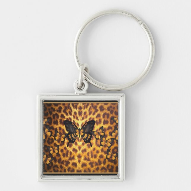 ORANGE BUTTERFLIES ON LEOPARD PRINT KEYCHAIN (Front)