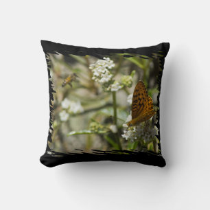 Orange Butterfly and Bee Black Edge Throw Pillow
