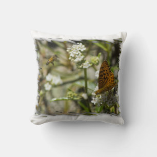 Orange Butterfly and Bee White Edge Throw Pillow