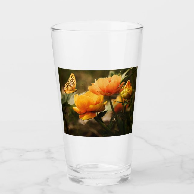 Orange Butterfly and Flowers Glass (Front)