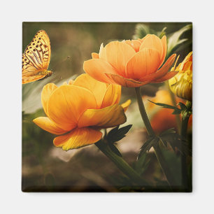 Orange Butterfly and Flowers Magnet