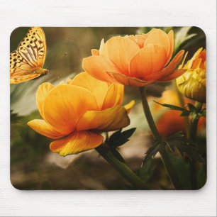 Orange Butterfly and Flowers Mouse Pad