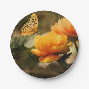 Orange Butterfly and Flowers Paper Plate