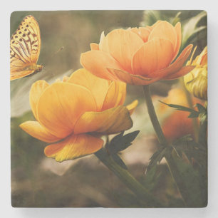 Orange Butterfly and Flowers Stone Coaster