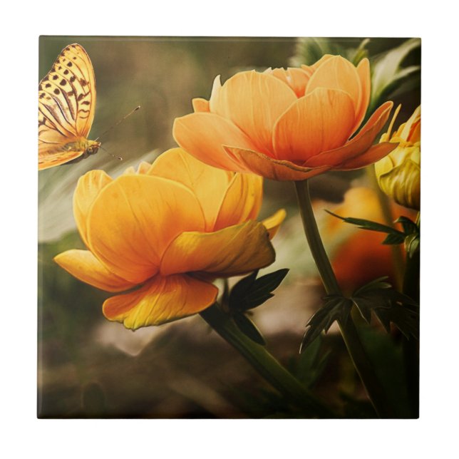 Orange Butterfly and Flowers Tile (Front)