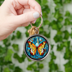 Orange Butterfly Blue Stained Glass Keychain