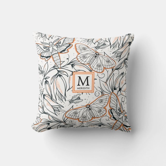 Orange Butterfly Floral Monogrammed Throw Pillow (Front)