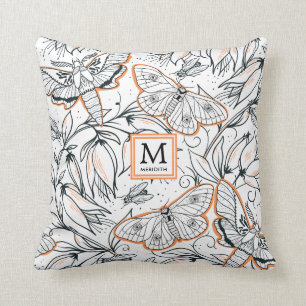 Orange Butterfly Floral Monogrammed Throw Pillow