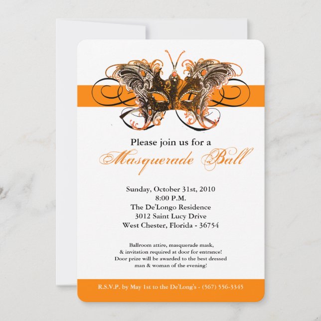 Orange Butterfly Masquerade Mask Costume Halloween Invitation (Front)