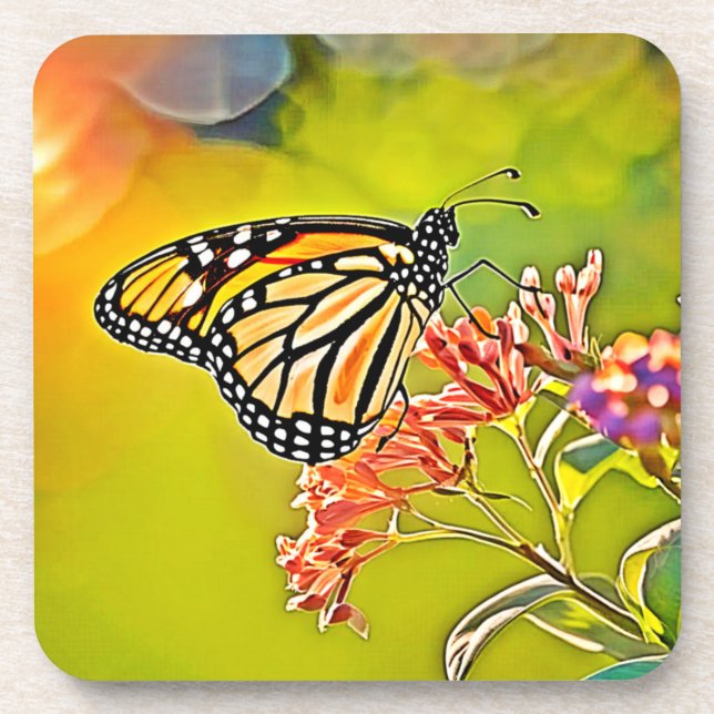 Orange Butterfly on Pink Blossom Design Coaster (Front)