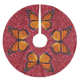 Orange Butterfly On Red Glitter Tree Skirt