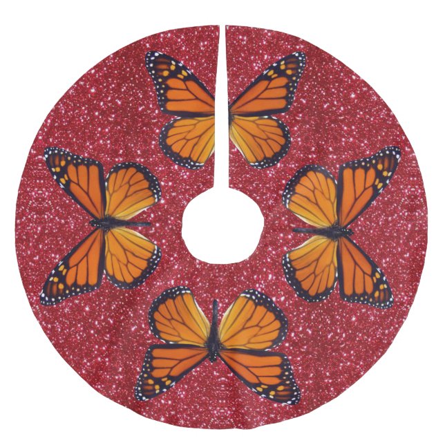 Orange Butterfly On Red Glitter Tree Skirt (Front)