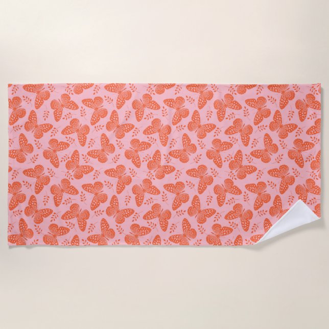 Orange butterfly pattern on pink background beach towel (Front)