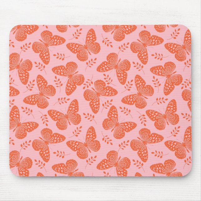 Orange butterfly pattern on pink background mouse pad (Front)