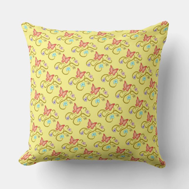 Orange Butterfly with Spring Flowers Square Pillow (Front)