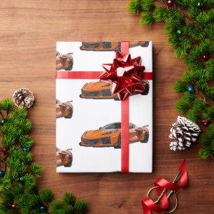 Orange C8 Corvette Sports Car Hand Drawn Wrapping Paper