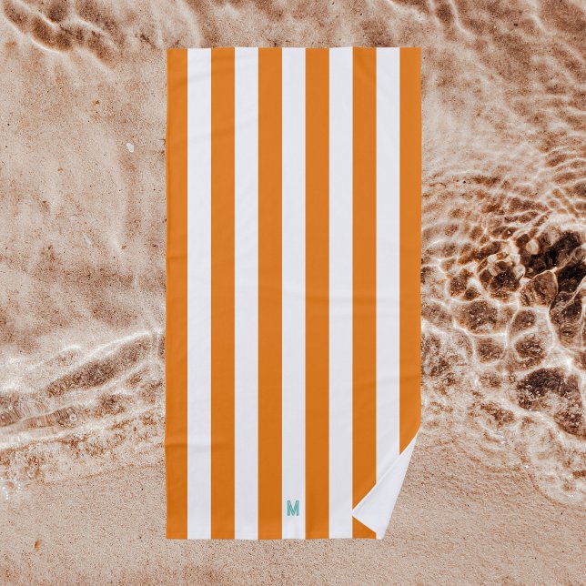 Orange Cabana Stripe & Personalized Teal Monogram Beach Towel (Creator Uploaded)