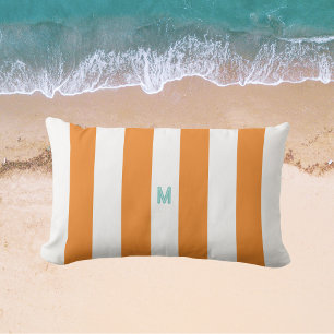 Orange Cabana Stripe & Personalized Teal Monogram Lumbar Pillow