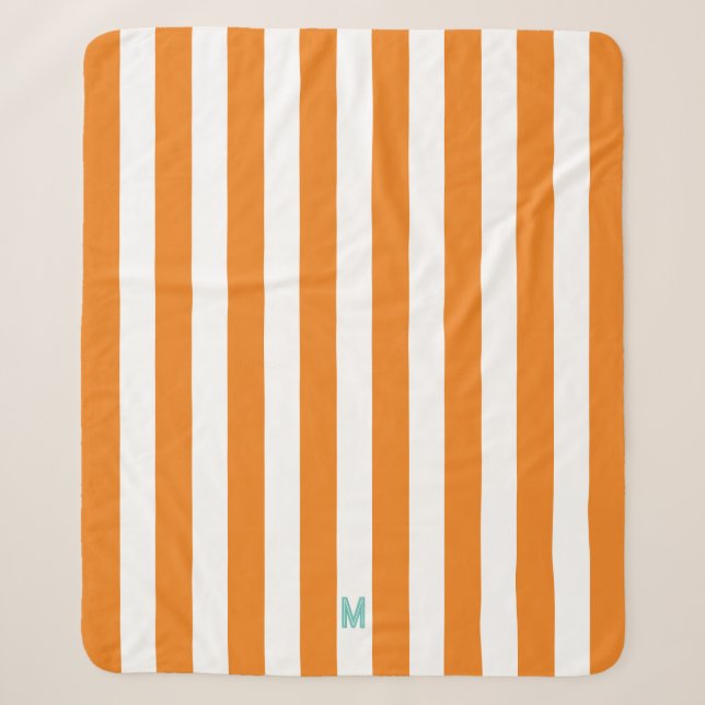 Orange Cabana Stripe & Personalized Teal Monogram Sherpa Blanket (Front)