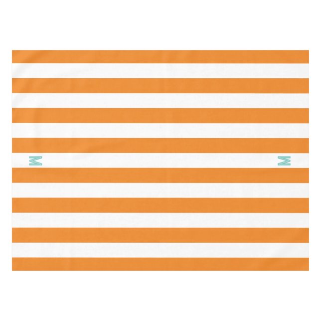 Orange Cabana Stripe & Personalized Teal  Monogram Tablecloth (Front (Horizontal))