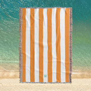 Orange Cabana Stripe & Personalized Teal Monogram Throw Blanket