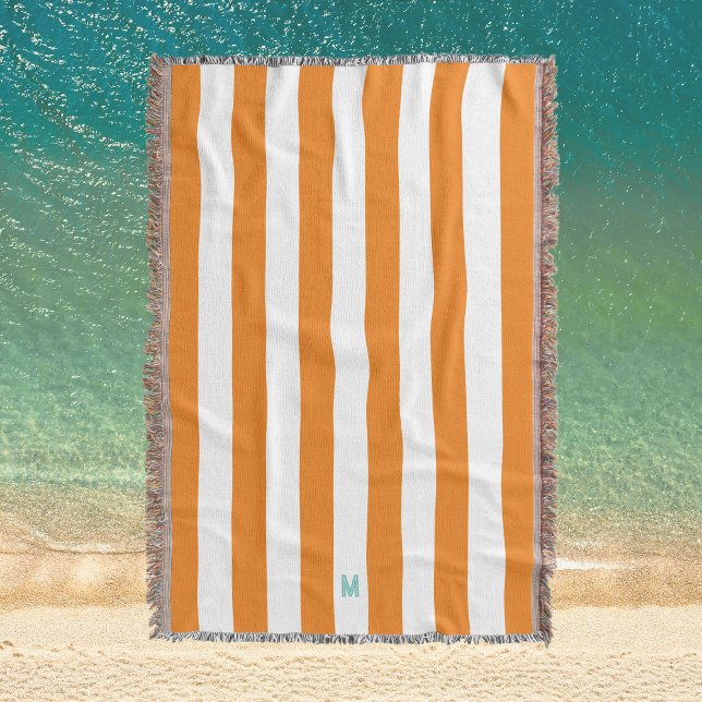 Orange Cabana Stripe & Personalized Teal Monogram Throw Blanket (Creator Uploaded)