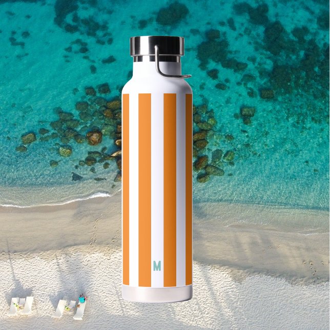 Orange Cabana Stripe & Personalized Teal Monogram Water Bottle (Creator Uploaded)