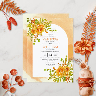 Orange cactus flowers soft terracotta arch wedding invitation