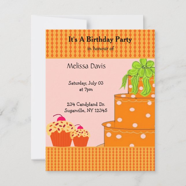 Orange Cake and Cupcakes Birthday Invitation (Front)