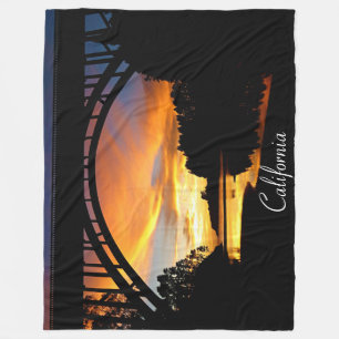 Orange California Coastal Sunset Under Bridge Fleece Blanket
