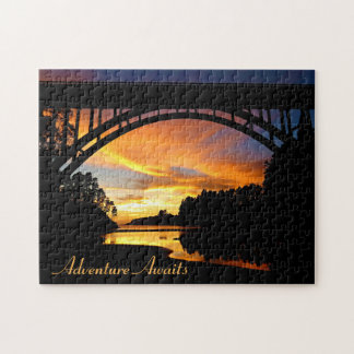 Orange California Coastal Sunset Under Bridge Jigsaw Puzzle
