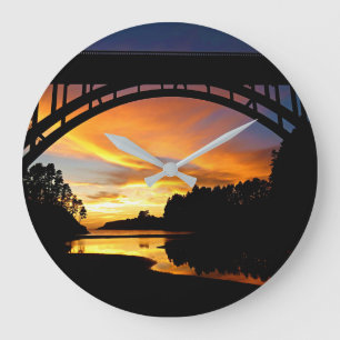 Orange California Coastal Sunset Under Bridge Large Clock