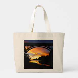 Orange California Coastal Sunset Under Bridge Large Tote Bag