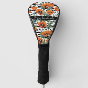 Orange California Poppies Black and White Stripes Golf Head Cover