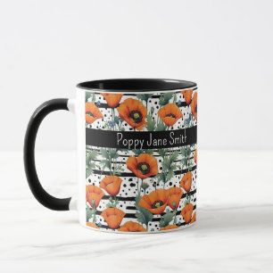 Orange California Poppies Black and White Stripes Mug