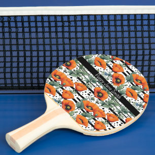 Orange California Poppies Black and White Stripes Ping Pong Paddle