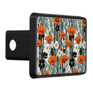 Orange California Poppies Black and White Stripes Trailer Hitch Cover