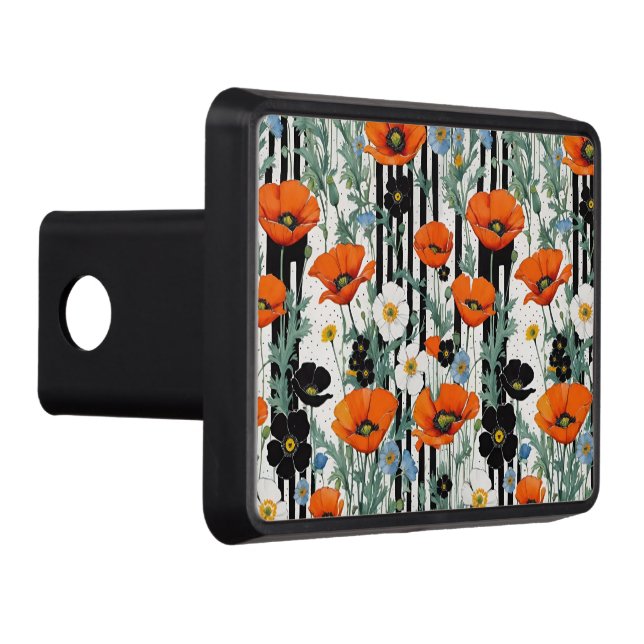 Orange California Poppies Black and White Stripes Trailer Hitch Cover (Right)