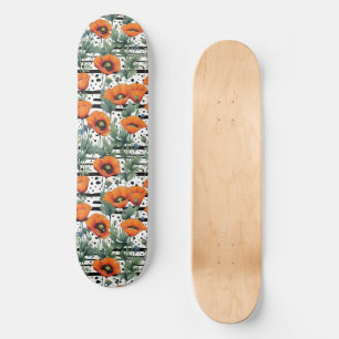 Orange California Poppies Black Stripes and Dots Skateboard