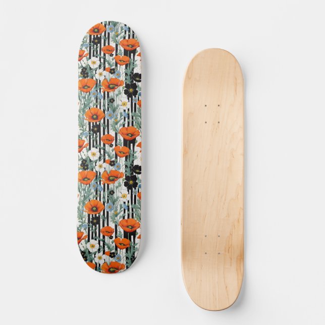 Orange California Poppies Black Strips Floral Skateboard (Front)