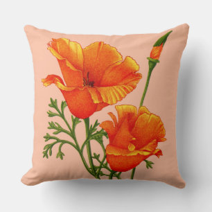 orange California poppy print Throw Pillow