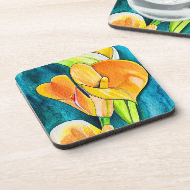 Orange Calla lily flower watercolor art Coaster (Left Side)