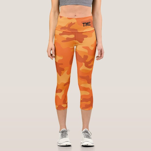 Orange Camo Black Initials Fall Colourful Fun Capri Leggings (Front)