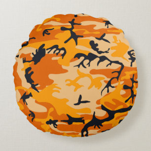 Orange Camouflage, Military, Army Round Pillow